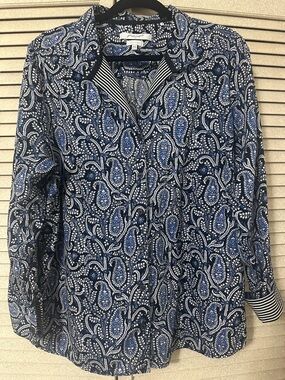 Foxcroft Navy and White Paisley Button-Down Shirt